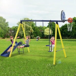 Swing Set for Kids, Outdoor Swing Set with Heavy Duty Metal Frame, 5-in-1 Backyard Swing Set with Single Swing, Horizontal Bar, Seesaw Swing, Slide and Basketball Hoop, Max 600 lbs, D5927