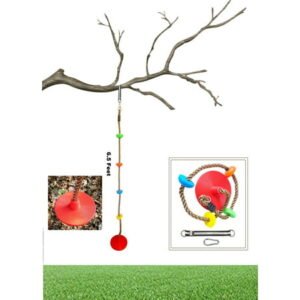 Athletic Bar Tree Swing Rope Climbing Kids Swing Set Saucer Disc Swing Seat Playground Platform Swing Rope Climb Outdoor Hanging Rope Adjustable Height Up to 6.5 Feet, Multi Color Red