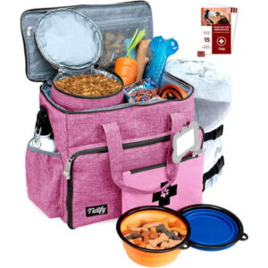 Dog Travel Bag Overnight Accessories Organizer – Pet First Aid Pouch Airline Approved 2 Food Storage Containers and Collapsible Bowls!