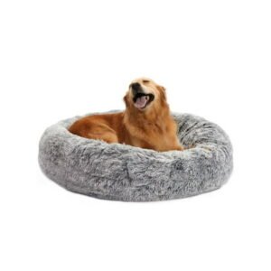 Bedfolks Calming Donut Dog Cuddler Bed, 36″ Round Plush Pet Bed for Large Dogs, Dark Grey