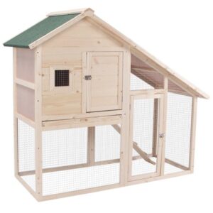 2-tier Wood Hutch Backyard Cage Small Animal House with Entrance Ramp, Lockable Doors, & Large Outdoor Run