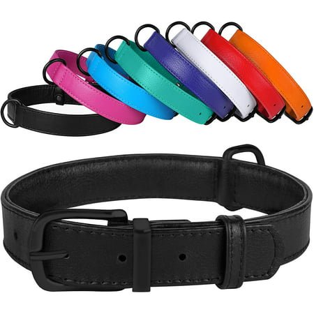 Leather Dog Collar Puppy Collars for Medium Dogs Soft Padded, Black