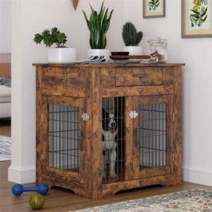 Pefilos 30 Inches Dog Cages Furniture Style Dog Crate End Table with Drawer, Pet Kennels with Double Doors Nightstand, Dog House Indoor Use Pet Cages for Dogs Medium, Brown