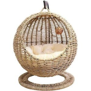 Cat Hammock Chair with Metal Stand, Faux Handmade Wicker Patio Cat Swing Chair, Hanging Cat Bed with Cotton Cushion and Cat Teasing Toy, Brown Frame & Beige Cushion