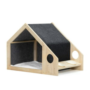 Pefilos 22″ Pet House with Bowl Wooden Dog Houses Indoor Kennel with Mat Cat House, Beige