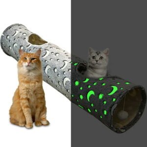 Cat Toys Cat Tunnel with Plush Ball Toys, Foldable Glow in the Dark Self-illuminating Tunnel Toys, Interactive Hunting Toys for Cats, Rabbits, Puppy Gray