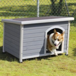 Pefilos 37.8″ Wood Dog Houses for Medium Dogs Outdoor Weatherproof Pet Cat House, Finish, Elevated Floor, Gray