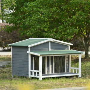 Pefilos 47″ Wooden Dog House Outdoor & Indoor Dog Crate, Cabin Style, With Porch, 2 Doors Pet House for Large Dogs and Cat, Gray