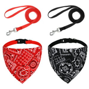 Springcorner 2 Set Adjustable Dog Bandana Leash Collar Set, Washable 6 Ft Puppy Dog Leash Kerchief with Quick Release Buckle for Medium Large Dogs Puppy Pet (Black,Red)