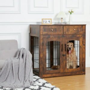 Dog Crate with 3 Doors, 39.4″ Large Dog Crate with 2 Drawer & Cushion, Wooden Dog House & Kennel for Medium/Large Dog