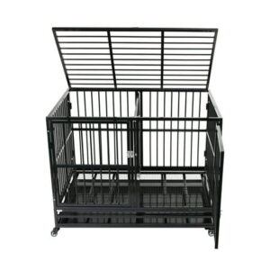 Walsport 48″ Heavy Duty Dog Cage with Divider Strong Metal Crate Pet Playpen Kennel with 2 Front Doors, Black