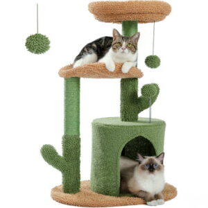 PAWZ Road 32″ Cat Tree Tower with Cactus Sisal Scratching Posts for Indoor Small Cats, Green