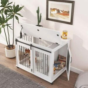 Ouyessir Dog Crate, Large Dog Kennel Furniture Indoor,Chew-Resistant Natural Wood Dog House,White