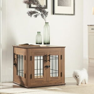 Unipaws Dog Crate Furniture, Double Doors Wooden Wire Dog Kennel with Pet Bed, Small Dog Crate