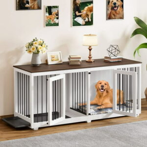 70.9″ Dog Crate Furniture, Wooden Dog Kennel with Tray and Divider