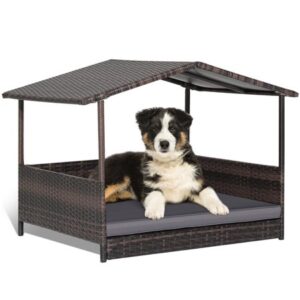 Gymax Wicker Dog House w/ Cushion Lounge Raised Rattan Bed for Indoor/Outdoor Grey