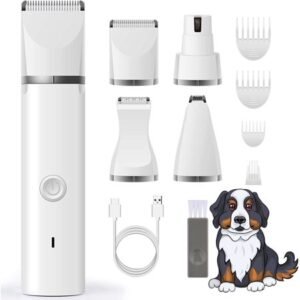 Dog Clipper Dog Grooming Kit with 4 Cutter Head and 4 Guide Combs, Pet Dog Nail Grinder Dog Nail Trimmers,Cat Grooming Supplies， Electric Quiet, Rechargeable, Trimming Dog’s Hair Around Paws