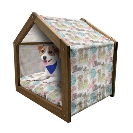 Dogs Pet House, Pattern with Little Purebred Puppy Dogs Bichon Pug Spitz Dachshund Poodle Shih Tzu, Outdoor & Indoor Portable Dog Kennel with Pillow and Cover, 5 Sizes, Multicolor, by Ambesonne