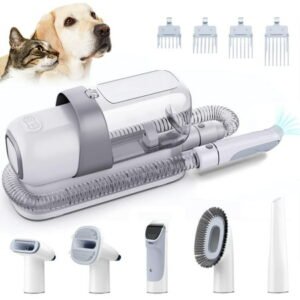 GKcity Dog Grooming Kit Low Noise, Pet Grooming Clippers 2.3L Vacuum Suction 99% Pet Hair with 5 Grooming Tools for Dog Cat Vacuum for Shedding Grooming (Grey & White)