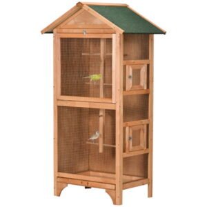 PawHut 60″ Wooden Outdoor Bird Cage for Finches, Parakeet, Large Bird Cage with Removable Bottom Tray 4 Perch, Orange
