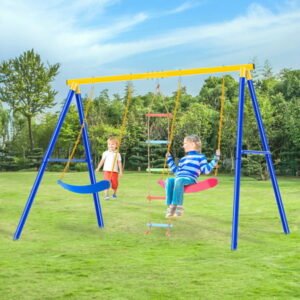 Pouseayar 3 in 1 Kids Swing Set Climbing Playset, Blue