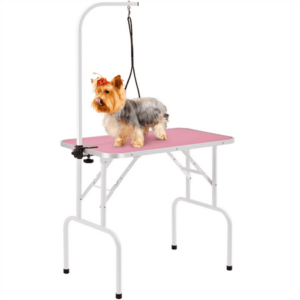 Easyfashion 32-inch Dog Cat Foldable Grooming Table with Adjustable Height Arm Pink