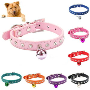 Yesbay Adjustable Pet Dog Crystal Rhinestone Bell Collar Soft Faux Leather Neck Strap