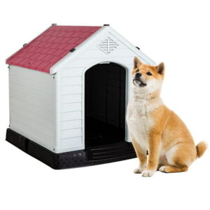 Plastic Dog House 32 inch Large Dog Houses for Small to Large Dogs, All Weather Indoor Outdoor Doghouse with Base Support for Winter Tough Durable House, Red