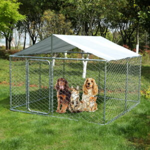 LVUYOYO Outdoor Heavy Duty Dog House Dog Kennel with Water Resistant Cover Dog Cage Pet Resort Steel Fence with Mesh Sidewalls Secure Lock