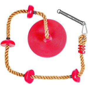 Athletic Bar Tree Swing Rope Climbing Kids Swing Set Saucer Disc Swing Seat Playground Platform Swing Rope Climb Outdoor Hanging Rope Adjustable Height Up to 6.5 Feet, Red