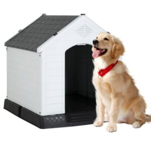 Large Dog House Plastic Dog Kennel Indoor Outdoor for Large Dogs, 39 inch All Weather Doghouse Puppy Shelter with Air Vents and Elevated Floor Ventilate