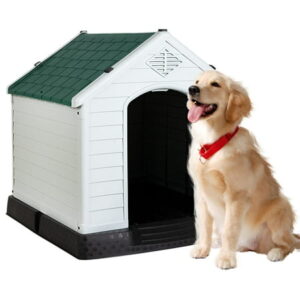 Large Dog House Plastic Dog Kennel Indoor Outdoor for Large Dogs, 39 inch All Weather Doghouse Puppy Shelter with Air Vents and Elevated Floor Ventilate