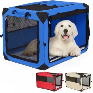 EMUST Soft Dog Crate, Quick Portable Folding Dog Soft Crate, 3-Door Pet Kennel for Crate, Dog Crates for Small Dogs with Soft Mat, Blue, XS