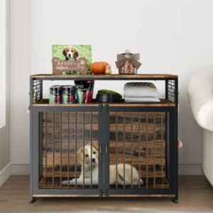 ABORON Wooden Large Dog Crate Furniture, 33/41 InchHeavy Duty Dog Cages for Medium/ Small Dogs Indoor, Super Sturdy Dog Kennel with Storage and Anti-Chew