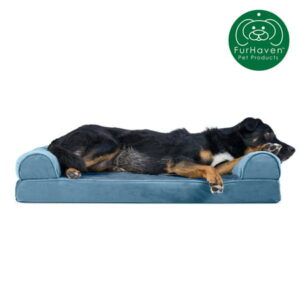 FurHaven Pet Dog Bed | Memory Foam Faux Fur & Velvet Couch Sofa-Style Pet Bed for Dogs & Cats, Harbor Blue, Large