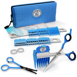 Scaredy Cut Silent Pet Grooming Kit Right-Handed Blue 4.5″ Safety Scissor Included Quiet Alternative to Electric Clippers for Sensitive Cats & Dogs