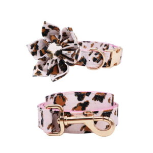 Pink Leopard Dog Flower Collar ,Dog Collar with matching leash