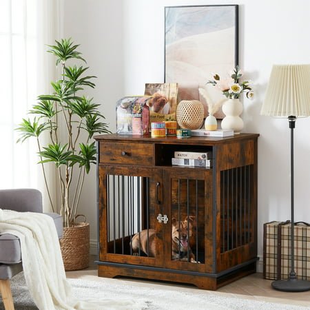 Aukfa Dog Crate End Table – Pet Crate Furniture Double Doors Dog House – Brown