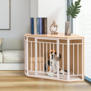 Pefilos 43″ Dog Crate Furniture with Cushion, Wooden Dog Cage with Mesh Dog House Furniture, Indoor Dog Kennel for Small/Medium, Beige