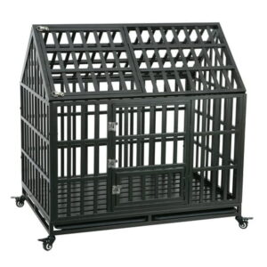 Heavy Duty Dog Kennel Crate Cage, Strong Metal Frame Dog Cage with Roof, Sturdy Door Lock and Lockable Wheels