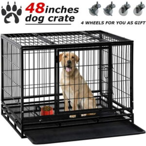 YRLLENSDAN 48 inch Dog Crate Dog Cage Dog Kennel for Large Dogs Heavy Duty Pet Playpen for Training Indoor Outdoor with Plastic Tray Double Doors & Locks Design