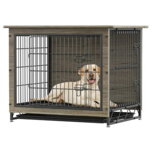 Brelley Extra Large Dog Crate Furniture Style 44.1″L x 32″H, Wooden with Double Doors Removable Tray