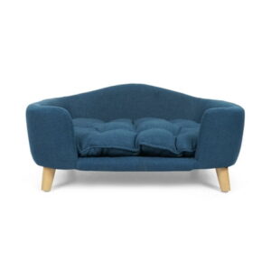 GDF Studio Samuel Mid Century Small Plush Dog Bed, Navy Blue and Natural Finish