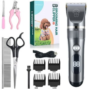 Dog Clippers, 2-Speed Low Noise Quiet Dog Grooming Kit, MHKJP Rechargeable Pet Hair Clipper Trimmer Shaver for S, L Dogs Cats Animals (Gray)