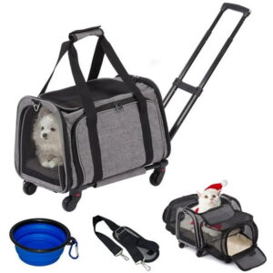 MEXMIODY Double Expandable Pet Carrier with Wheels, Airline Approved for Medium Small Dog Cat Carrier, Soft Sided Pet Travel Rolling Carrier, Grey