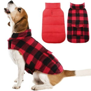 Kuoser British Style Plaid Dog Winter Coat, Windproof Cozy Cold Weather Dog Coat Dog Apparel Dog Jacket Dog Vest for Small Medium and Large Dogs with Pocket & Leash Hook XS-3XL