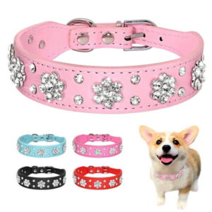 Didog – Cute PU Leather Dog Collar – Rhinestone Flower Pattern Studded – 1 Inch Width Fit Small and Medium Dogs(Pink,S)