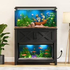 DWVO Metal Aquarium Stand with Power Outlets and Cabinet for 40-50 Gallon Fish Tank Stand, Turtle Tank, Reptile Terrarium – Black