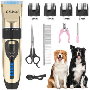 Dog Clippers, USB Rechargeable Cordless Dog Grooming Kit, Low Noise Electric Pets Hair Trimmers, Quiet Washable Shaver Clippers Shears for Thick Coats Dogs Cats with LED Display, 4 Comb Guides