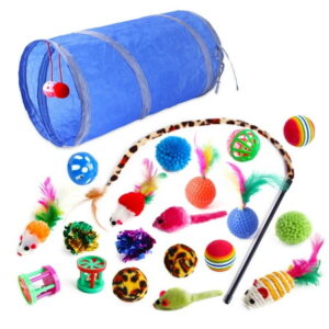 Reheyre 21Pcs Cat Toys with Tunnel Relieve Stress Interactive Toy Cat Feather Teaser Plush Mouse Crinkle Balls Pet Toys